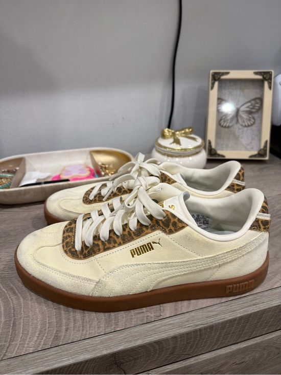 Puma Shoes - Puma Cream Suede Sneakers with Leopard Trim and Gum Sole